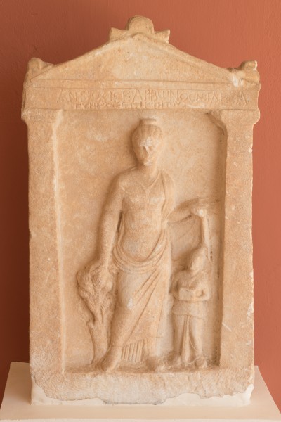 Woman and boy funerary stele Eretria Greece