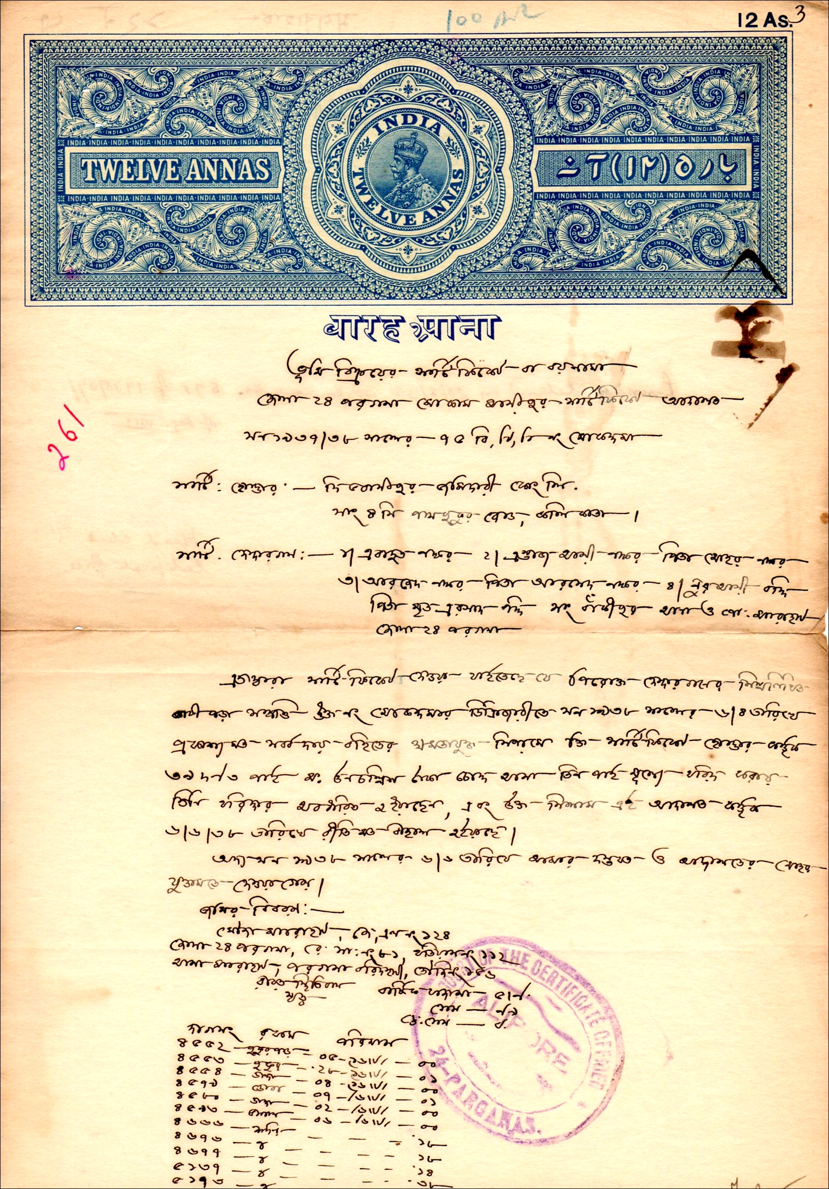 1938 12 Anna Indian Stamped Paper