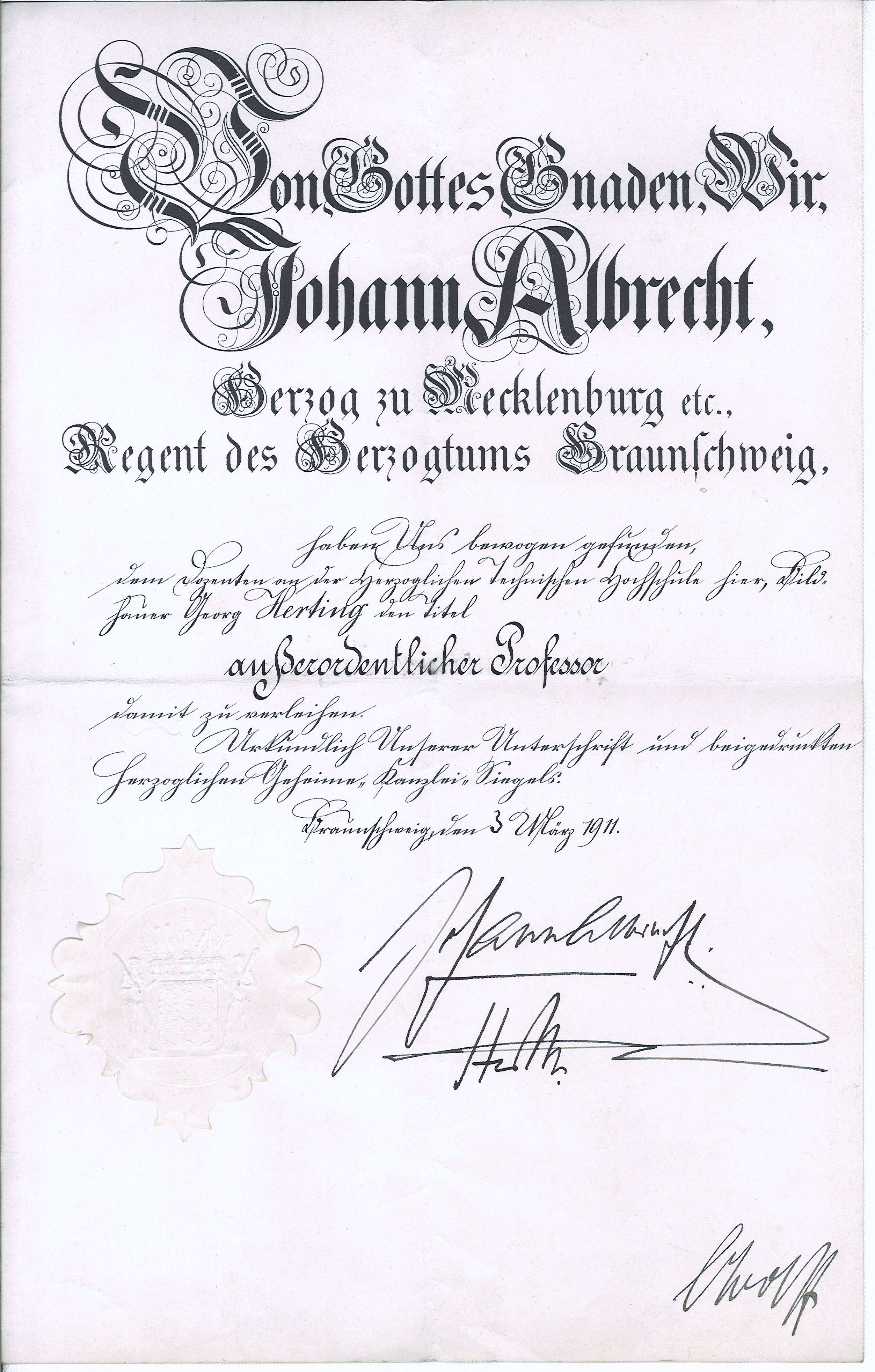 Georg Herting Urkunde Professor Herzog Johann Albrecht Mecklenburg Herzogtum Braunschweig 1911