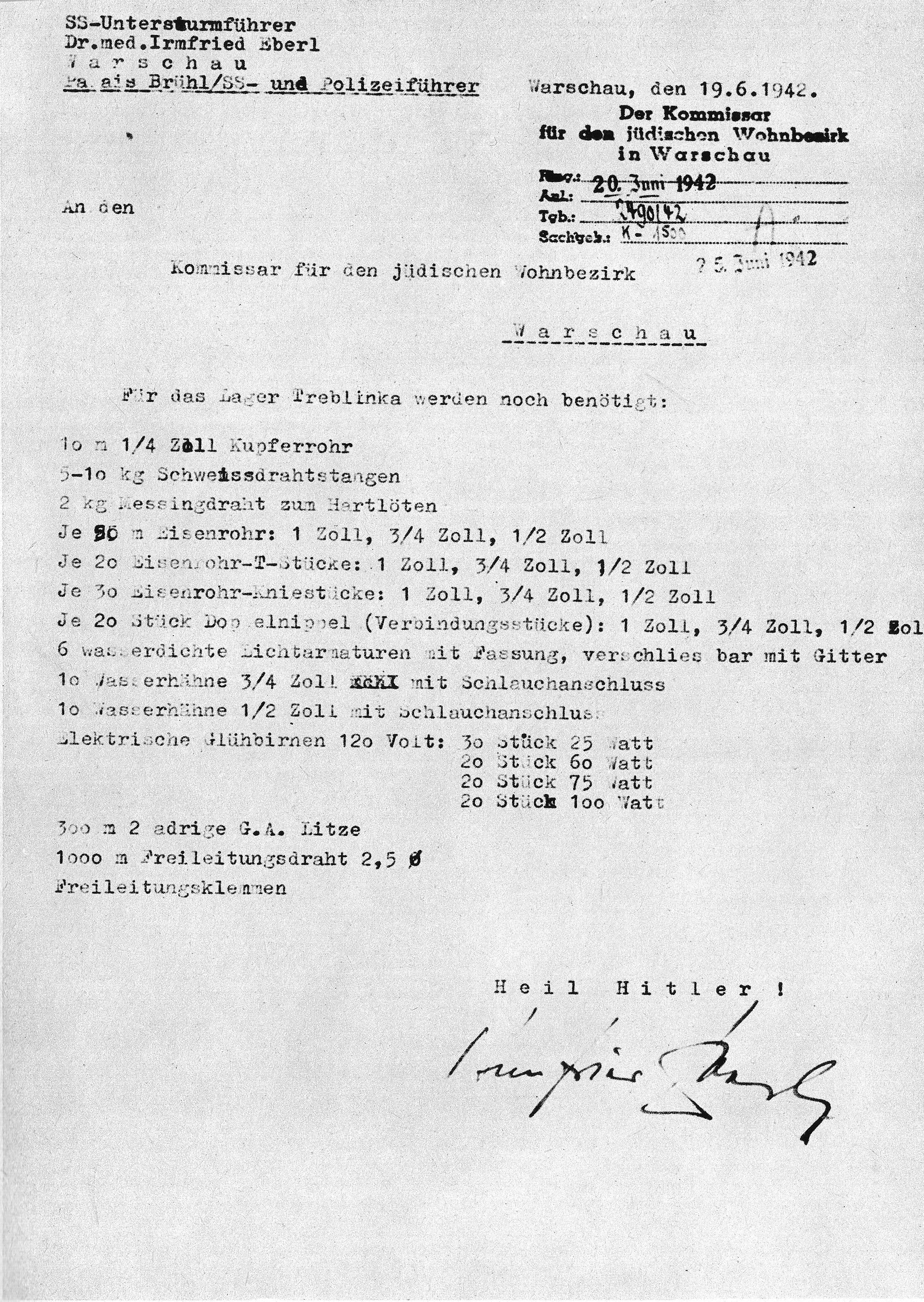 Letter Eberl to Auerswald Treblinka 1942