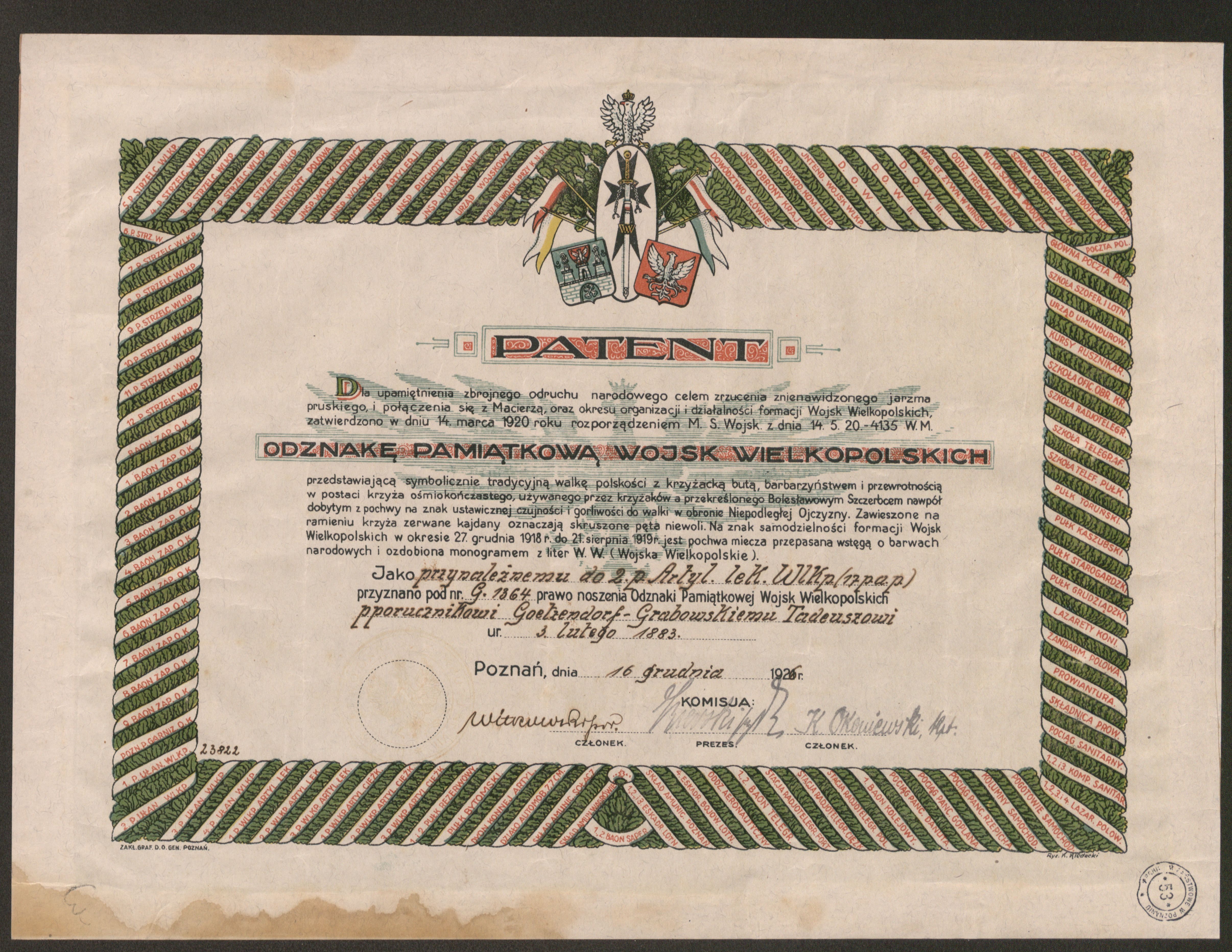 Patent odznaki Wojsk Wielkopolskich dla Tadeusza Goetzendorf-Grabowskiego