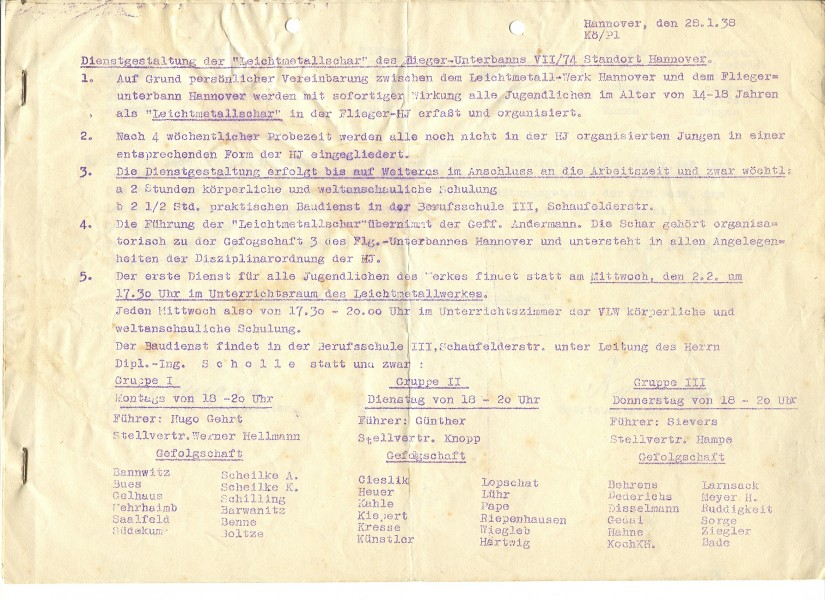 1938 Hannover Dienstgestaltung der Leichtmetallschar des Flieger-Unterbanns VII 74 Standort Hannover. Hectograph, page 2 of 2