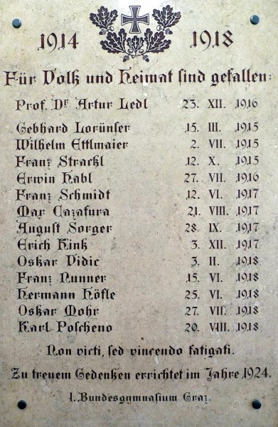 Akademisches Gymnasium Graz, Gedenktafel für die Opfer des 1. Weltkrieges