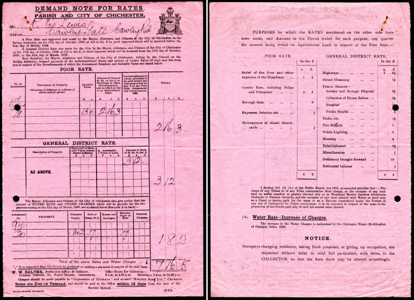 Chichester local rates bill 1929