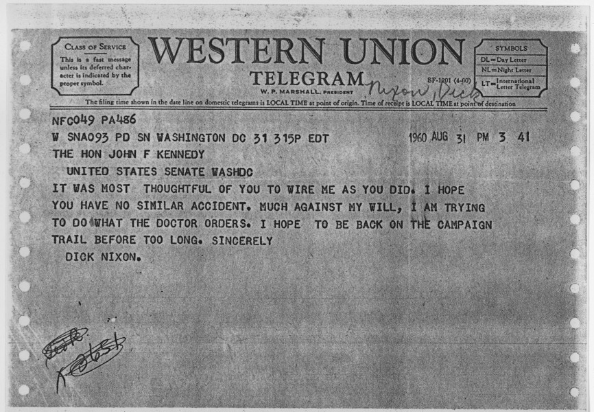 Richard Nixon Telegram to John F. Kennedy August 31, 1960 - NARA - 193135