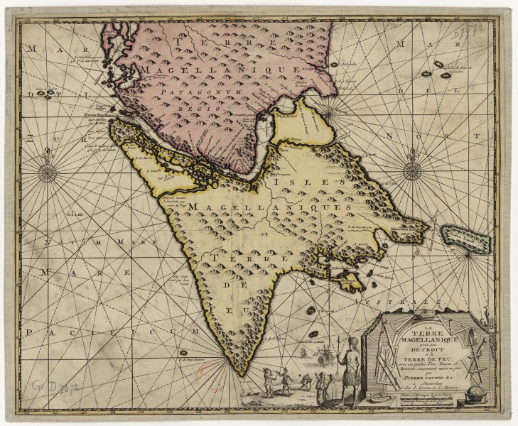 Van der Aa - La Terre magellanique avec son détroit et la Terre de Feu avec ses petites Iles, Bayes et Rivières