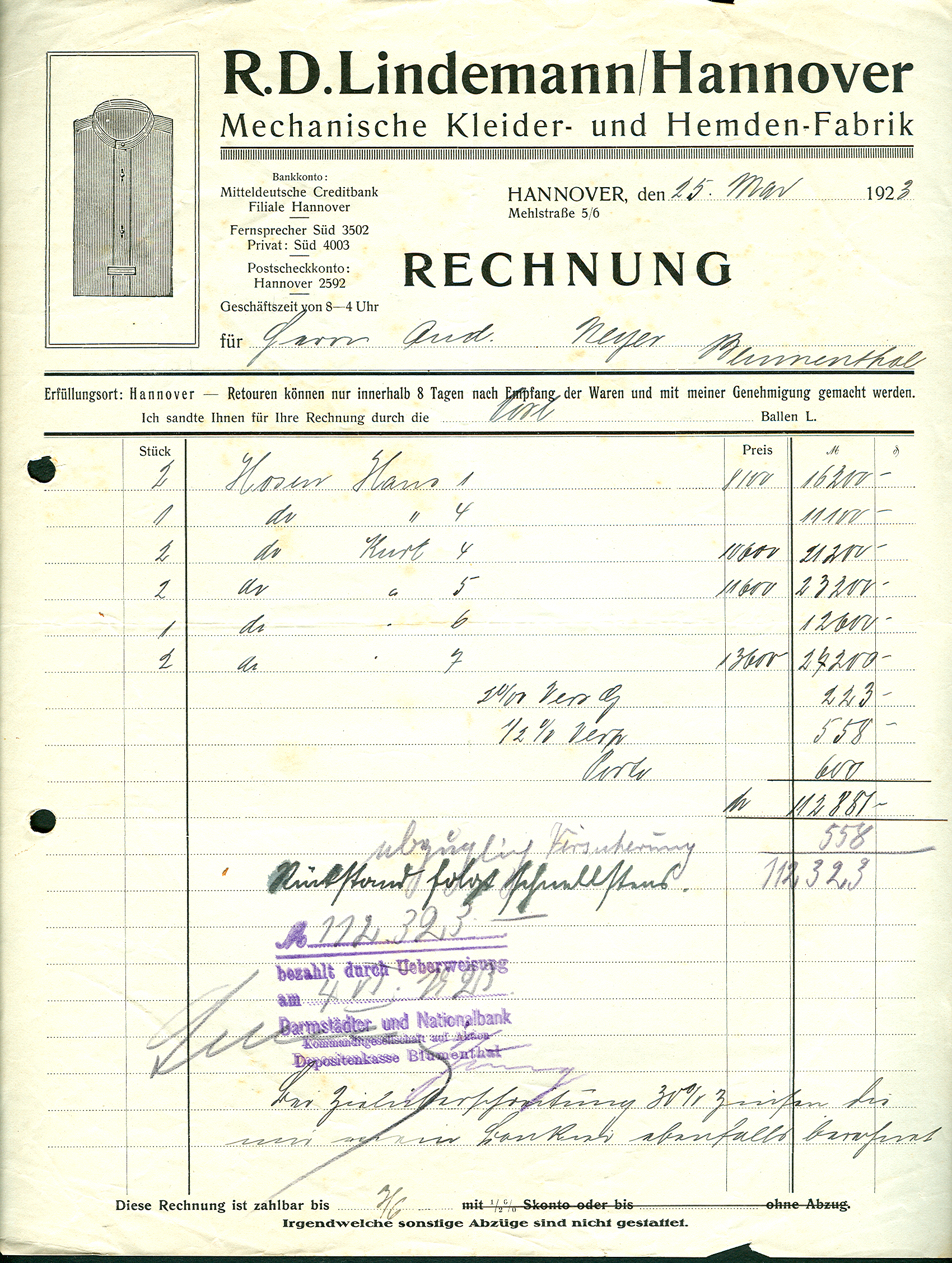 R. D. Lindemann Hannover Mechanische Kleider- und Hemdenfabrik Mehlstraße 5 6 Rechnung 1923-05-25 Deutsche Hyperinflation Meyer Blumenthal