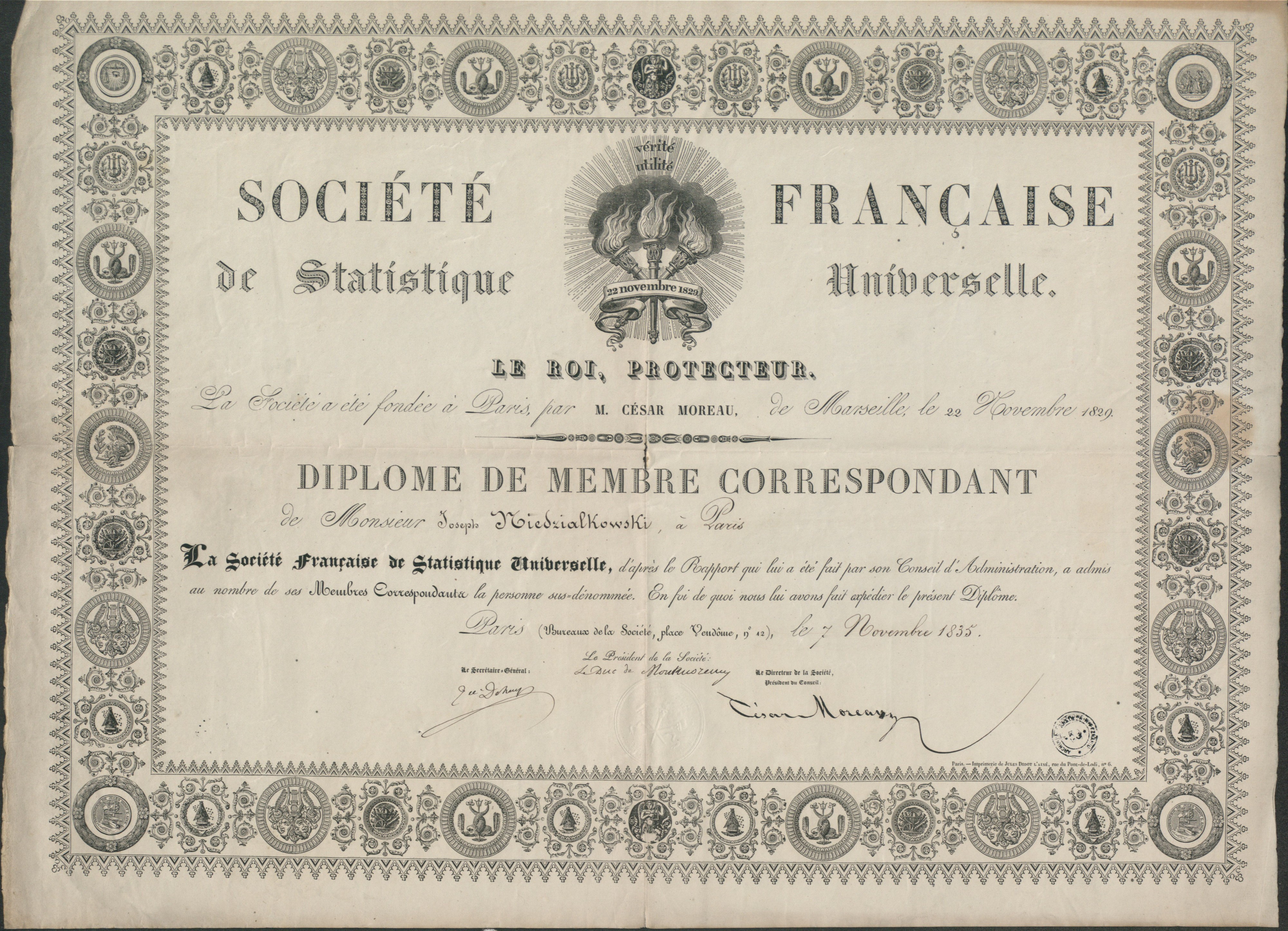 Dyplom członka korespondenta Societe Francaise de Statistique Universelle wydany dla Józefa Niedziałkowskiego