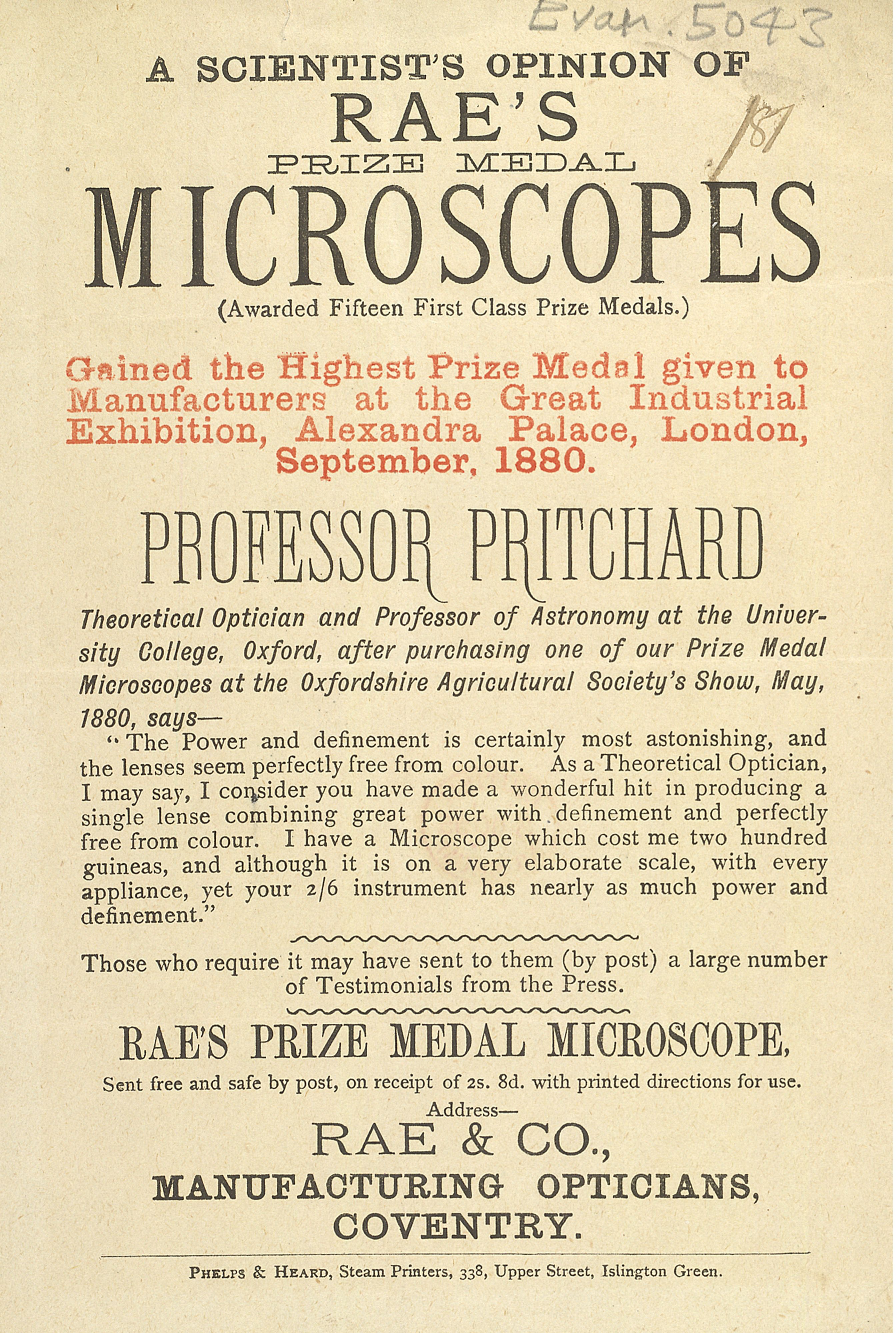 Advert for Rae's Microscopes, 1880