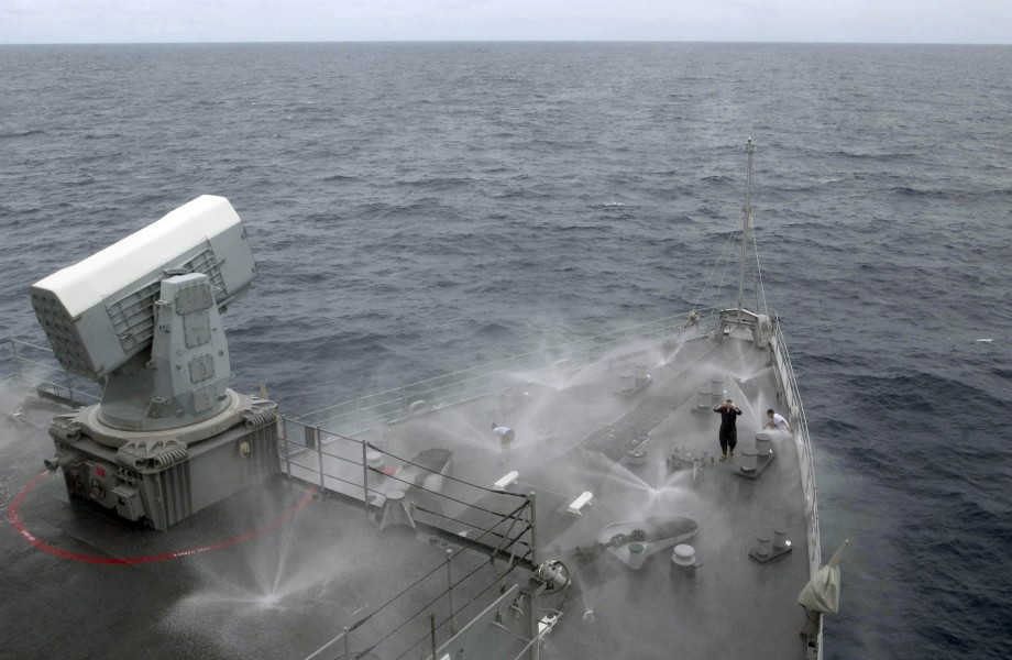 US Navy 060617-N-9851B-005 The counter measure wash down system aboard amphibious dock landing ship USS Tortuga (LSD 46) is tested to ensure its readiness on the ship's foc'sle
