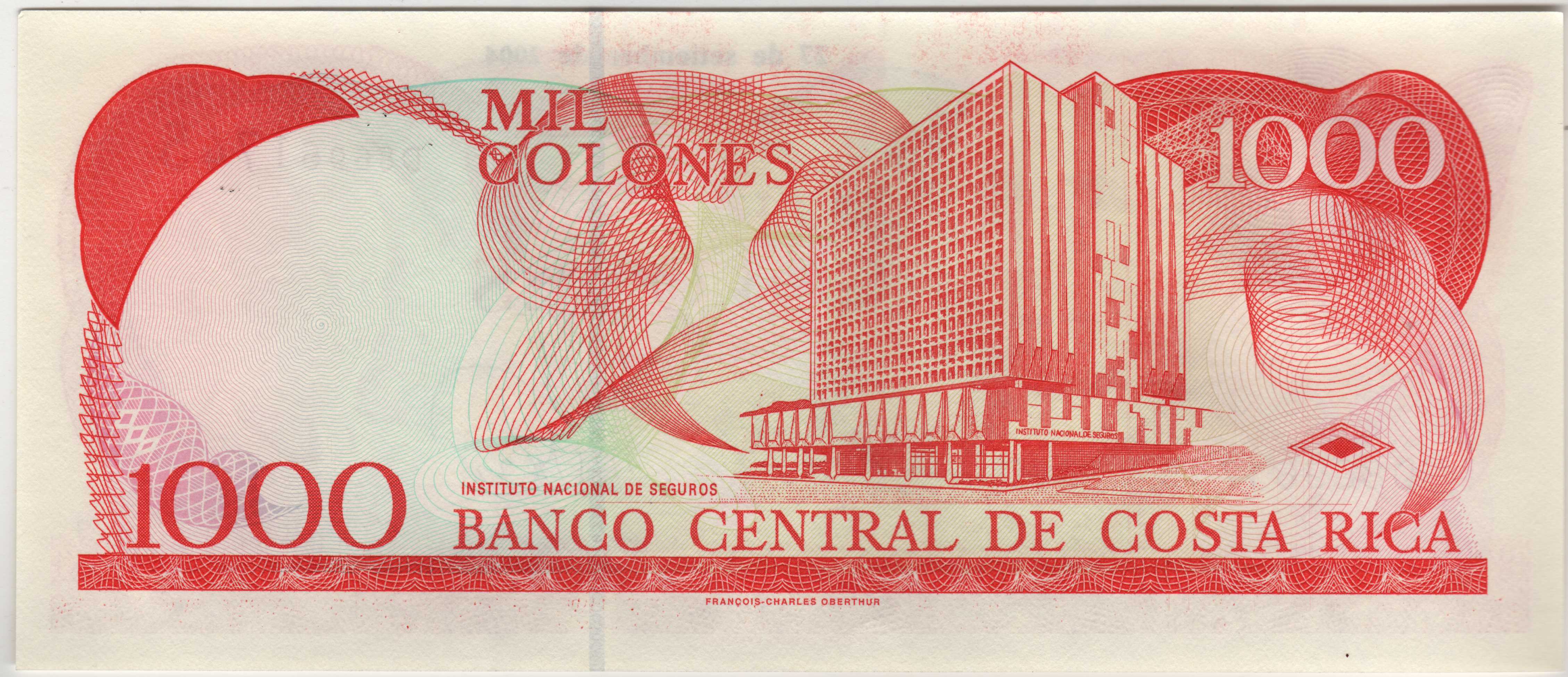 Billete de 1000 colones Costa Rica REVERSO
