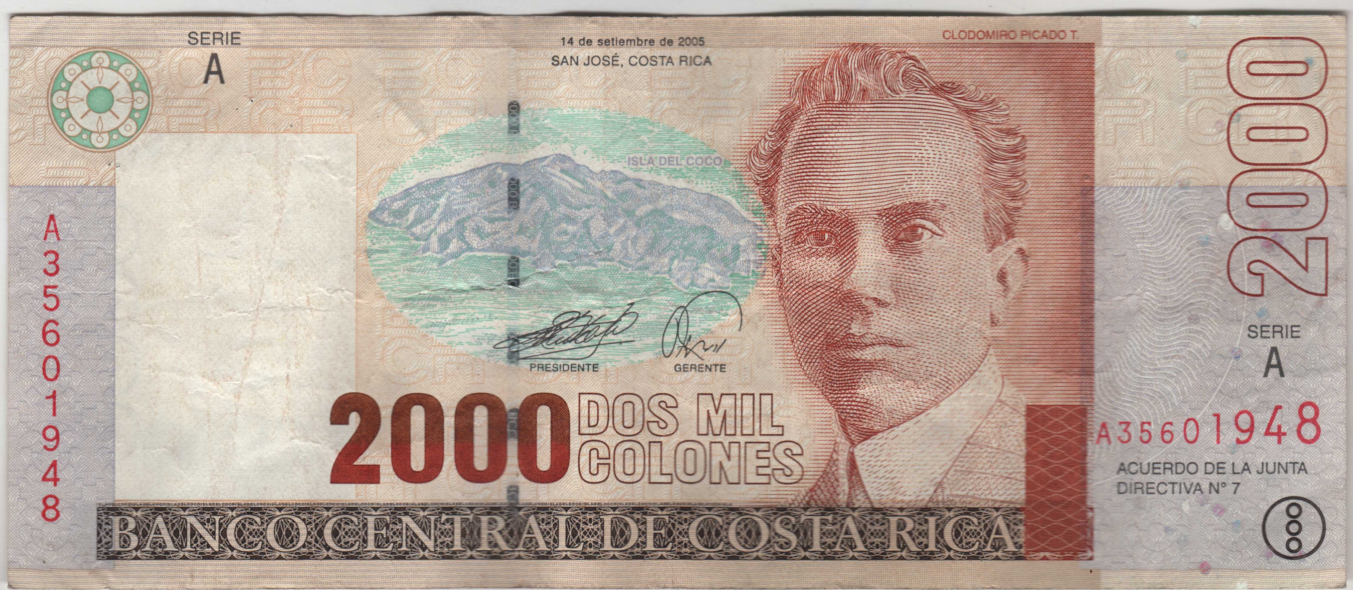 Billete de 2000 colones Costa Rica ANVERSO
