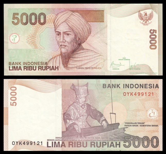5000 rupiah bill, 2001 series (2009 date), processed, obverse+reverse