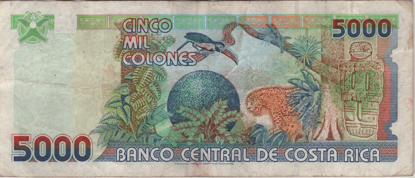 Billete de 5000 colones Costa Rica REVERSO