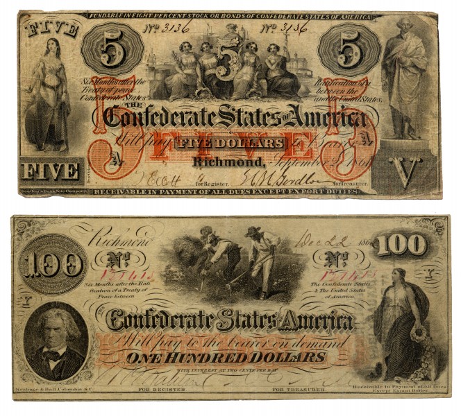 Confederate 5 and 100 Dollars