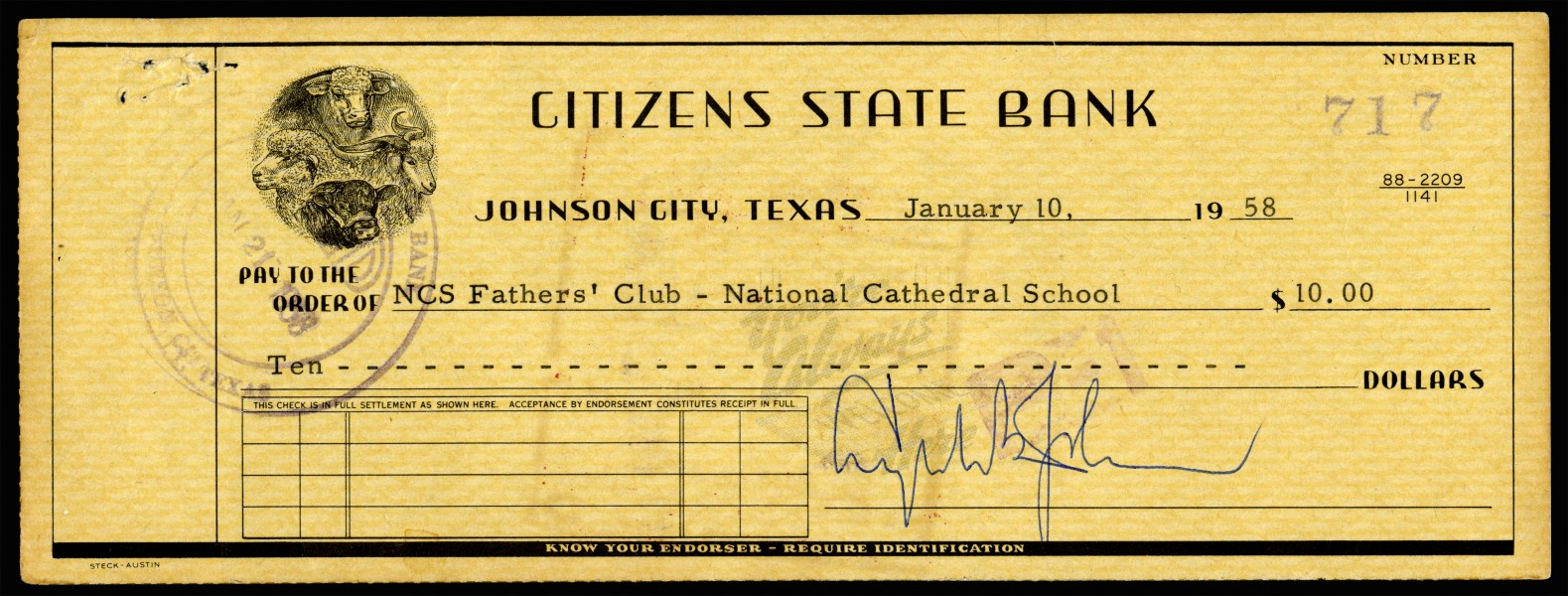 JOHNSON, Lyndon B (signed check)