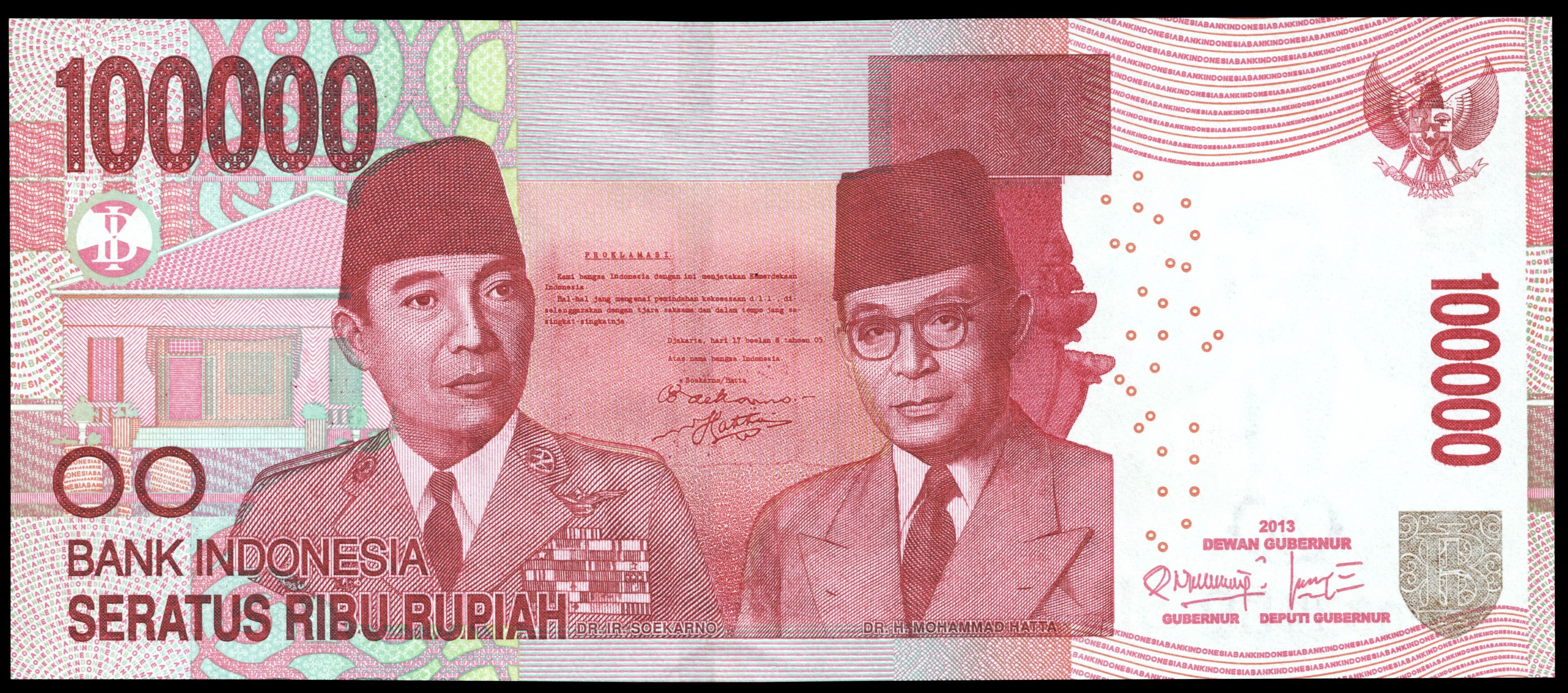 100000 rupiah bill, 2011 revision (2013 date), processed, obverse