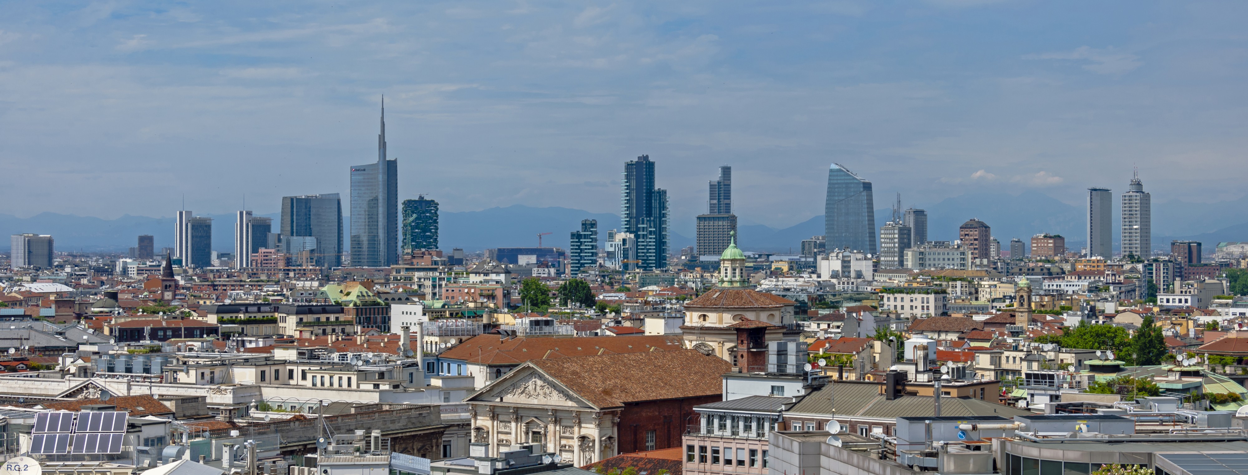 Wide angle Milan skyline from Duomo roof