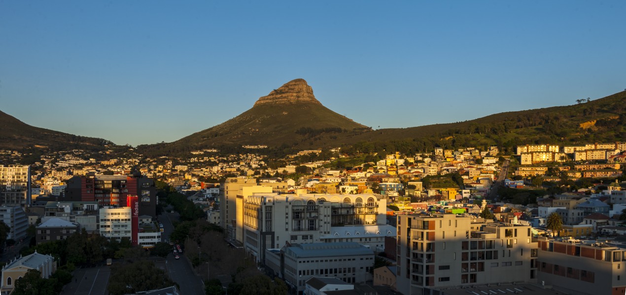 Cape Town cityscape at dawn with Lion's Head from Strand South hotel