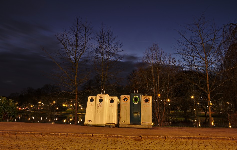Glass salvage containers in front of Park Tenreuken during the evening nautical twilight (Auderghem, Belgium, DSCF2726)