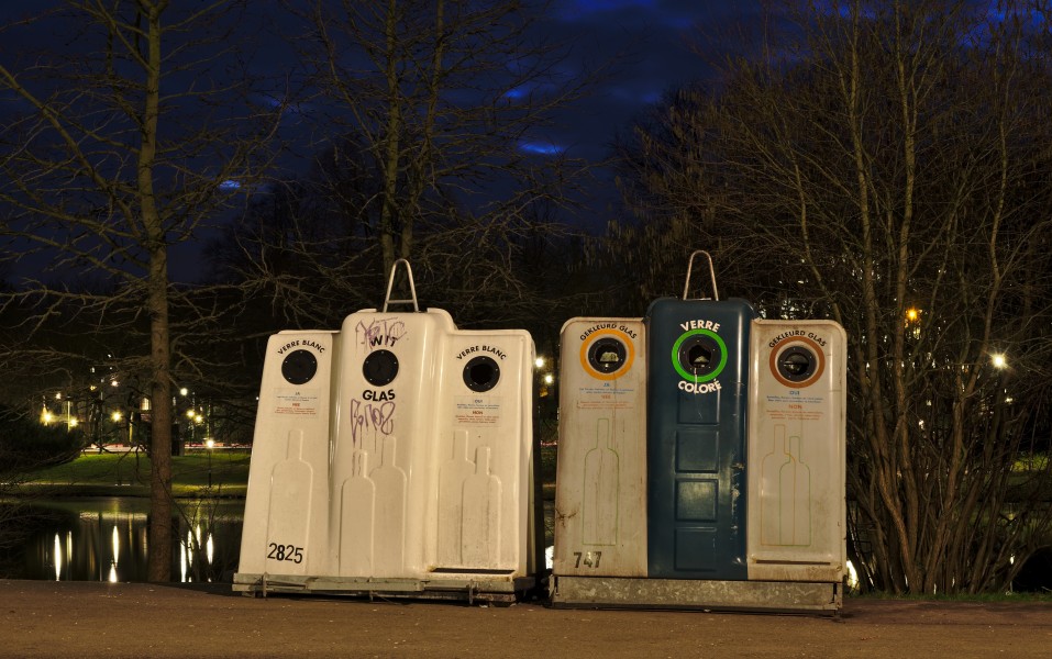 Glass salvage containers in front of Park Tenreuken during the evening nautical twilight (Auderghem, Belgium, DSCF2732)