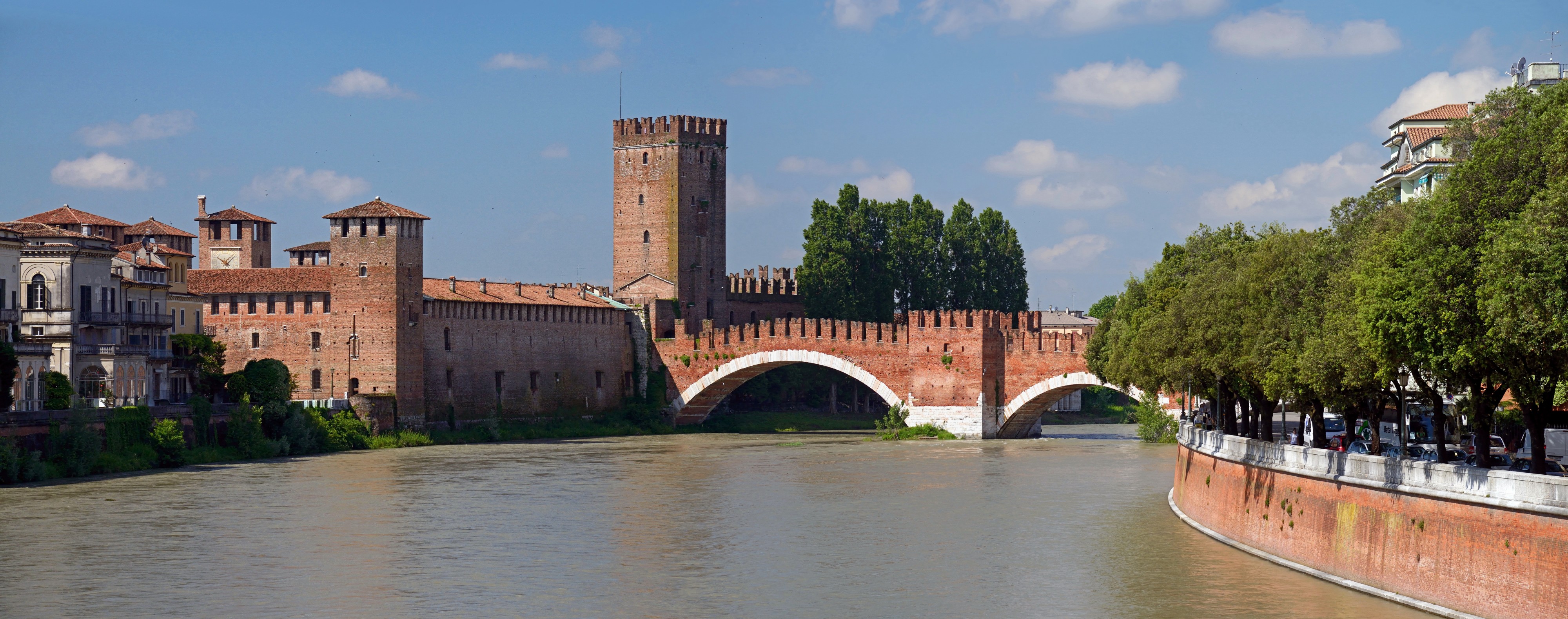 Panorama Ponte Scaligero, Castelvecchio and Adige River. Verona, Italy