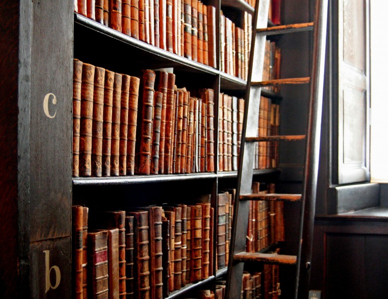 Trinity College Library-words in leather and wood