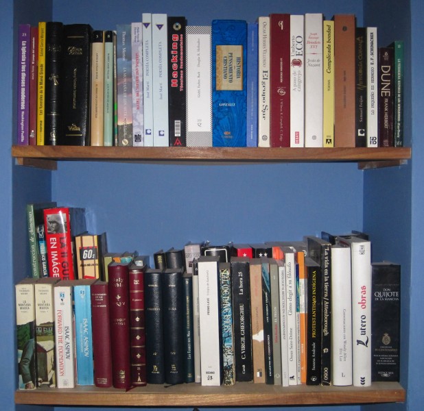 Two bookshelves full of books belonging to Unitedmissionary (2010)