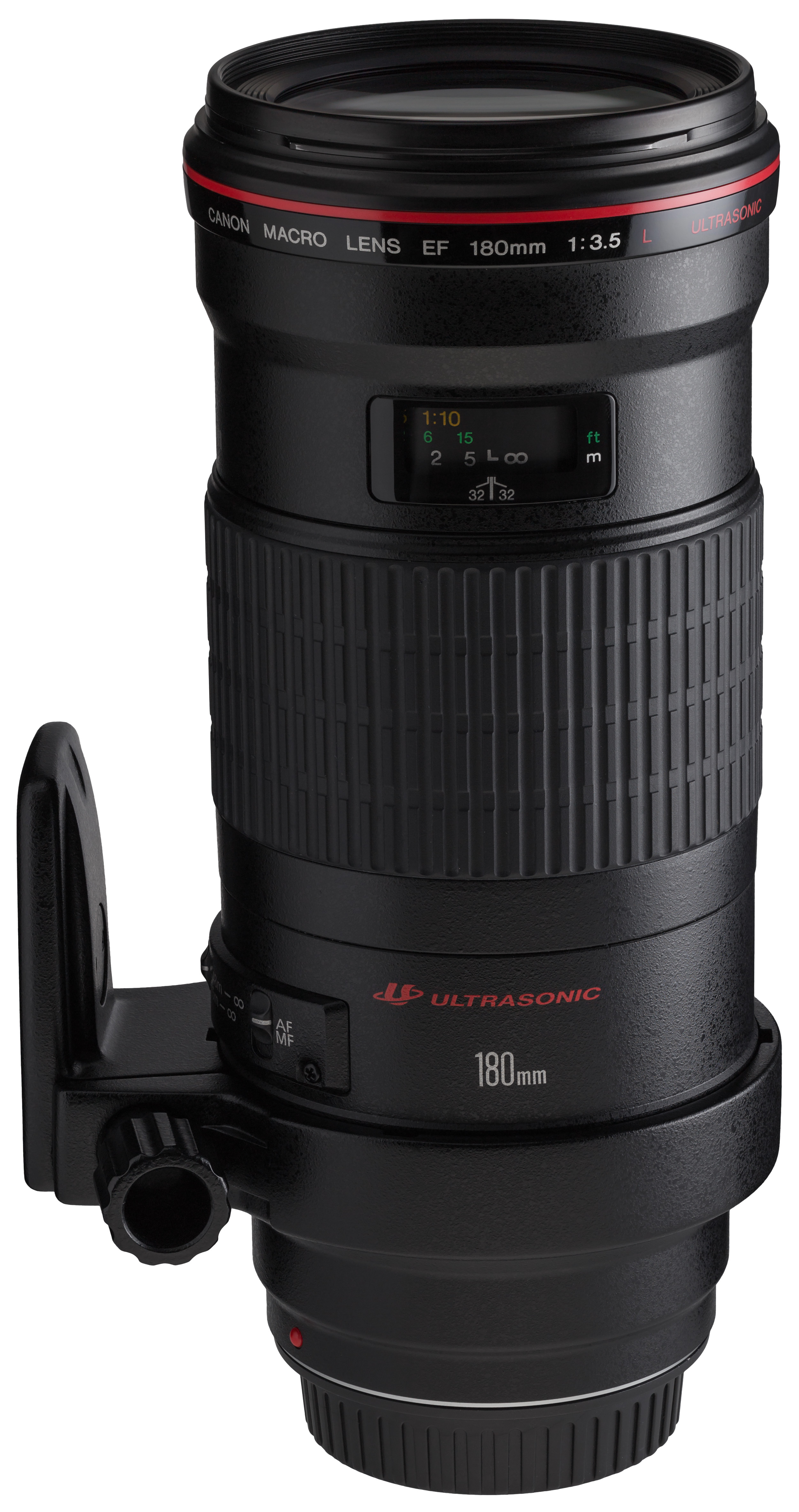 Canon EF 180mm f3.5L Macro USM front angled with tripod ring rotated
