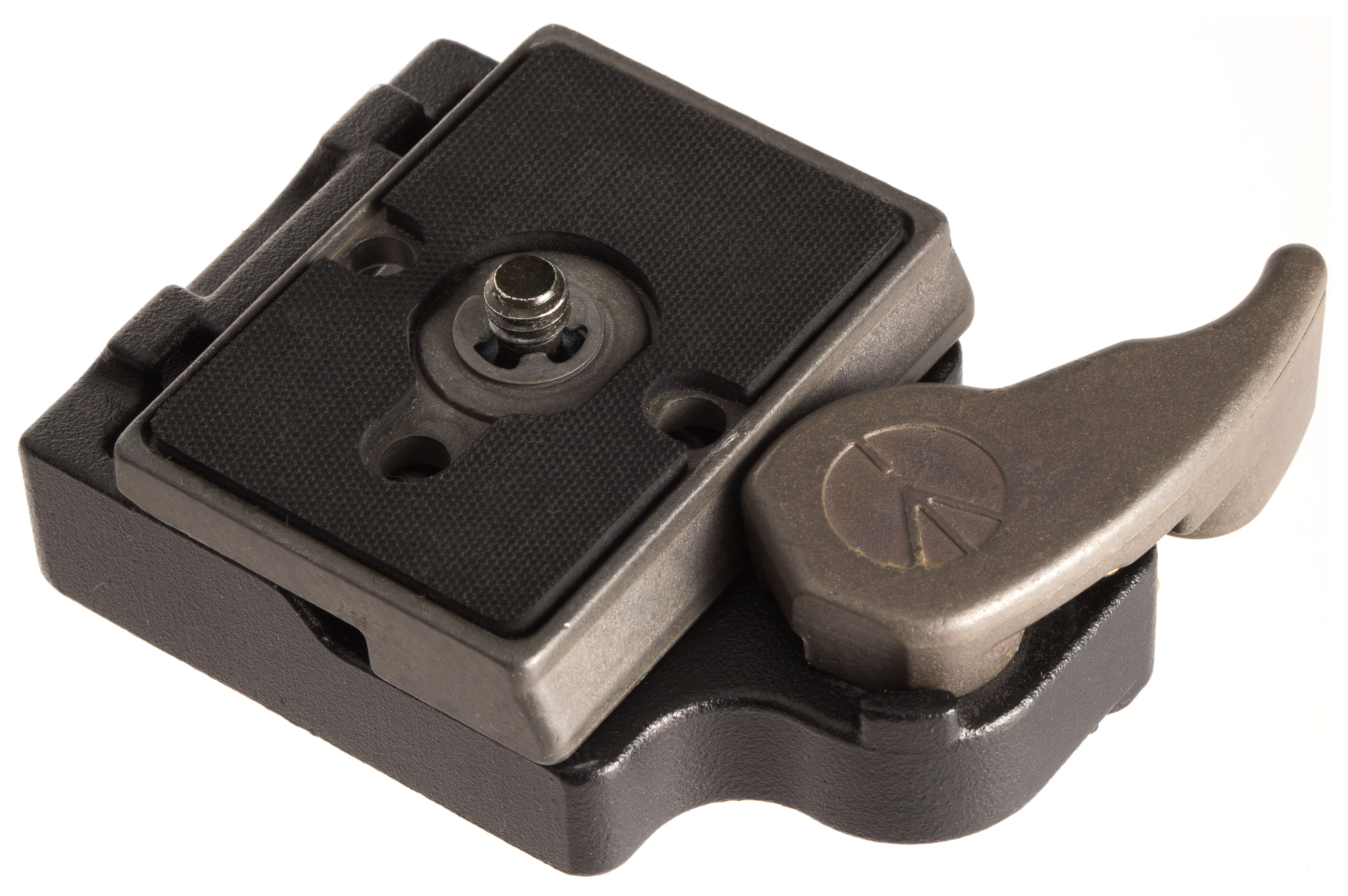 Manfrotto 323 quick release clamp closed top angled with 200PL plate