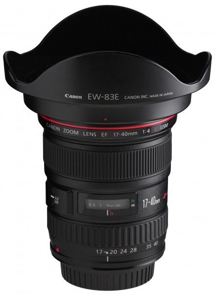 Canon EF 17-40mm f4L USM front angled with hood
