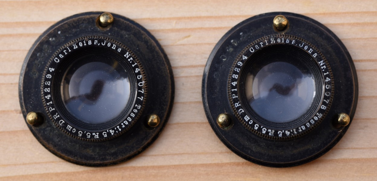Objektive Carl Zeiss, Jena, Nr. 145077 und Nr. 145078, Tessar 4,5 F 5,5cm DRP 142294 (Baujahr vor 1910) 1