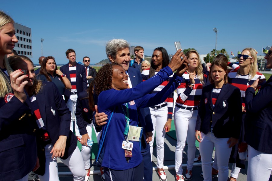 Secretary Kerry poses for a selfie as he and his fellow Presidential Delegation members visit the Brazilian Naval Academy in Rio de Janeiro (28787759535)