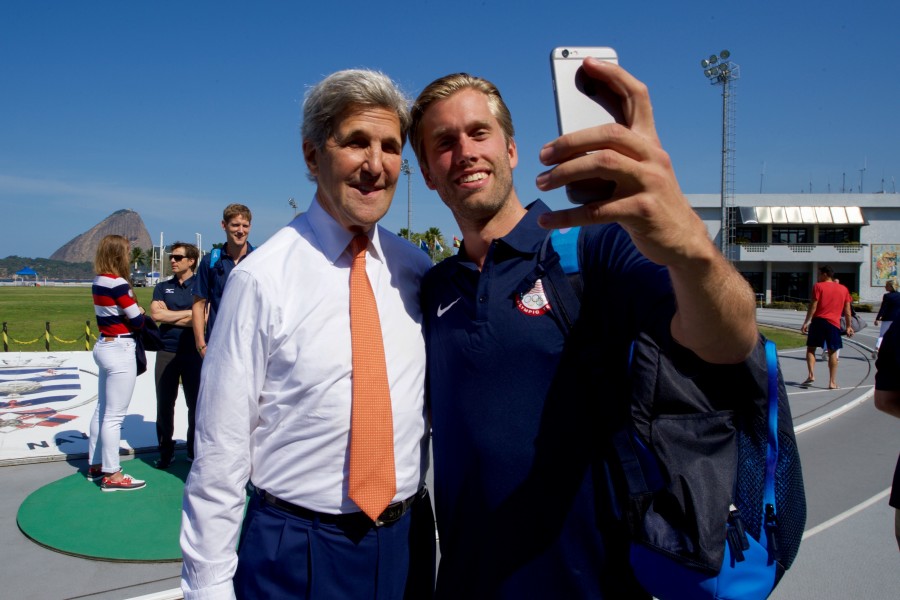 Secretary Kerry poses for a selfie with a member of the U.S. Men's Volleyball Team at the Brazilian Naval Academy in Rio de Janeiro (28787758755)