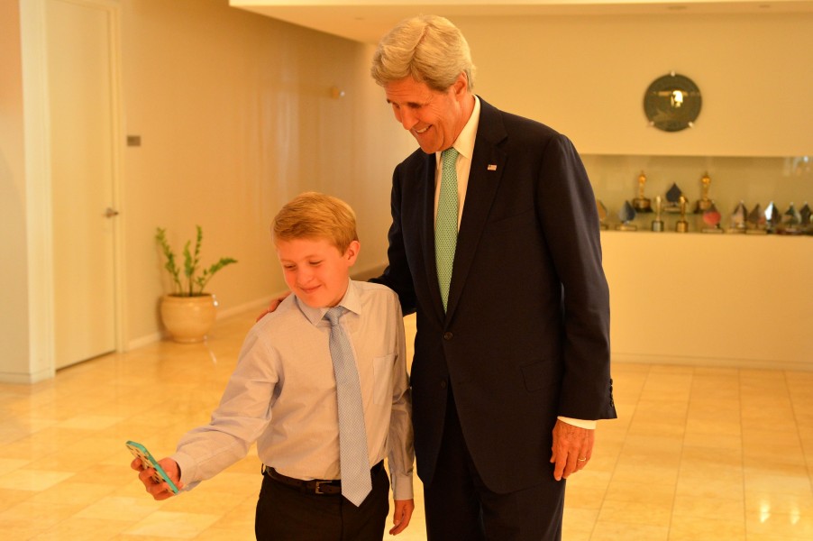 Secretary Kerry Takes a Selfie With Shark Finbassador Sean Lesniak After the 11-Year-Old Interviewed Him About Ocean Conversation at Discovery's Headquarters in Maryland (27399161415)