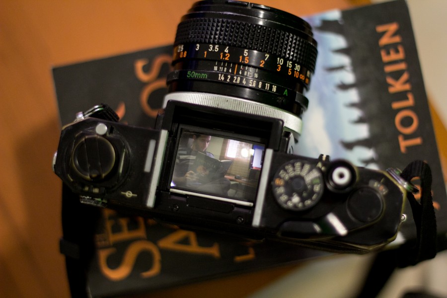 View through the Waist-level finder of a Canon F-1 35 mm film SLR camera