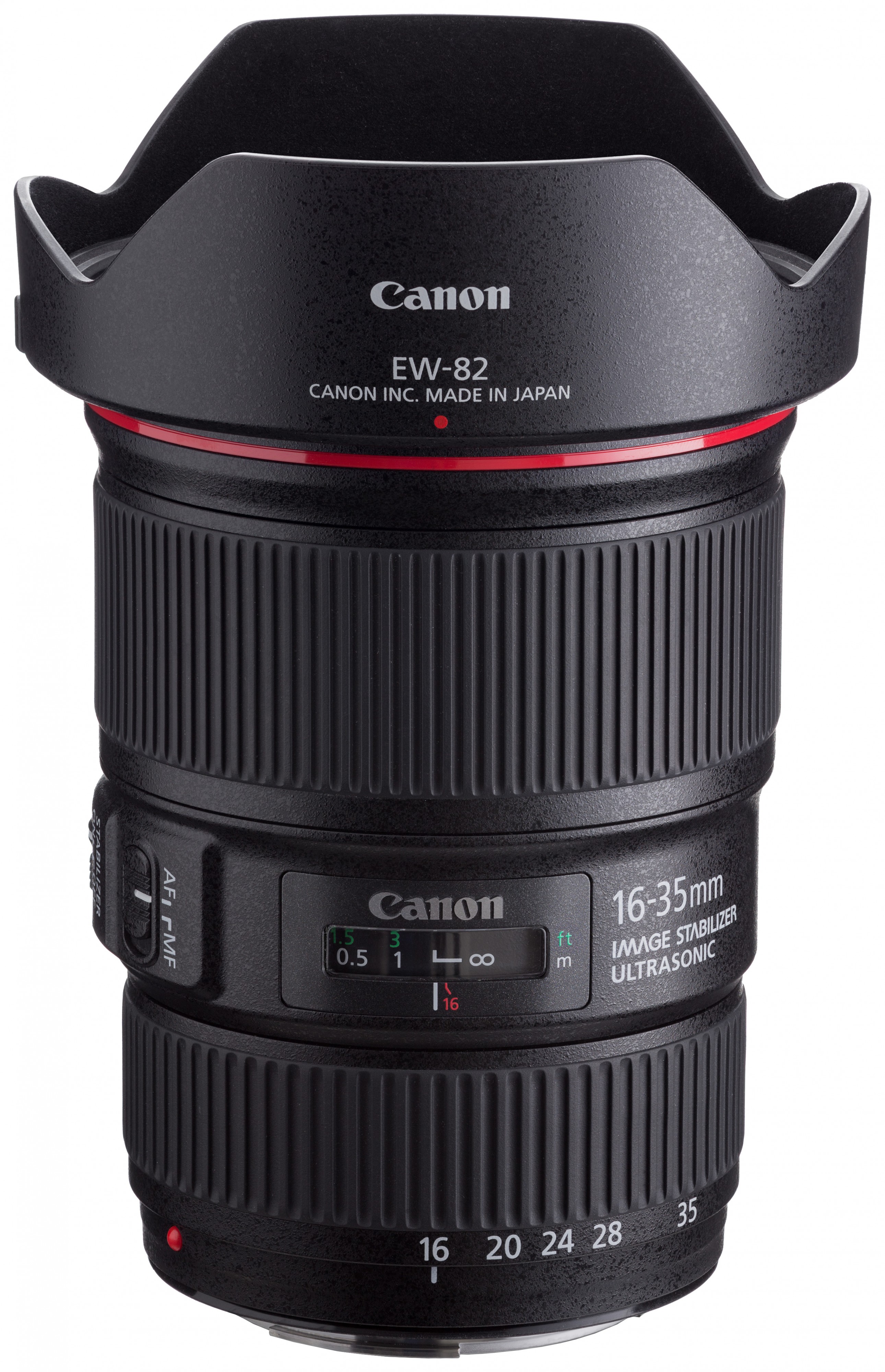 Canon EF 16-35mm f4L IS USM front angled with hood