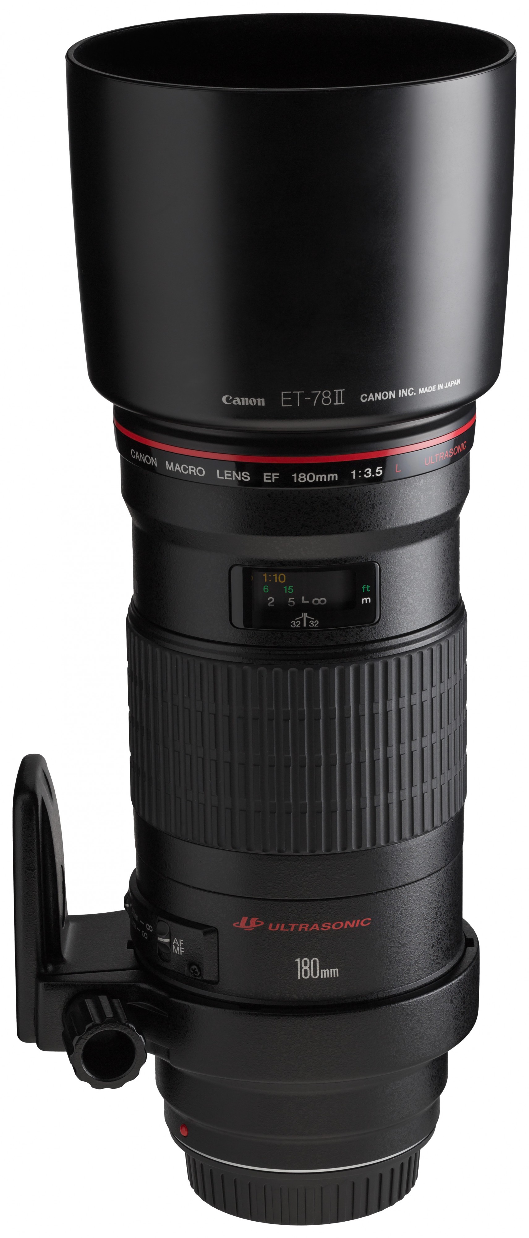 Canon EF 180mm f3.5L Macro USM front angled with tripod ring rotated with hood