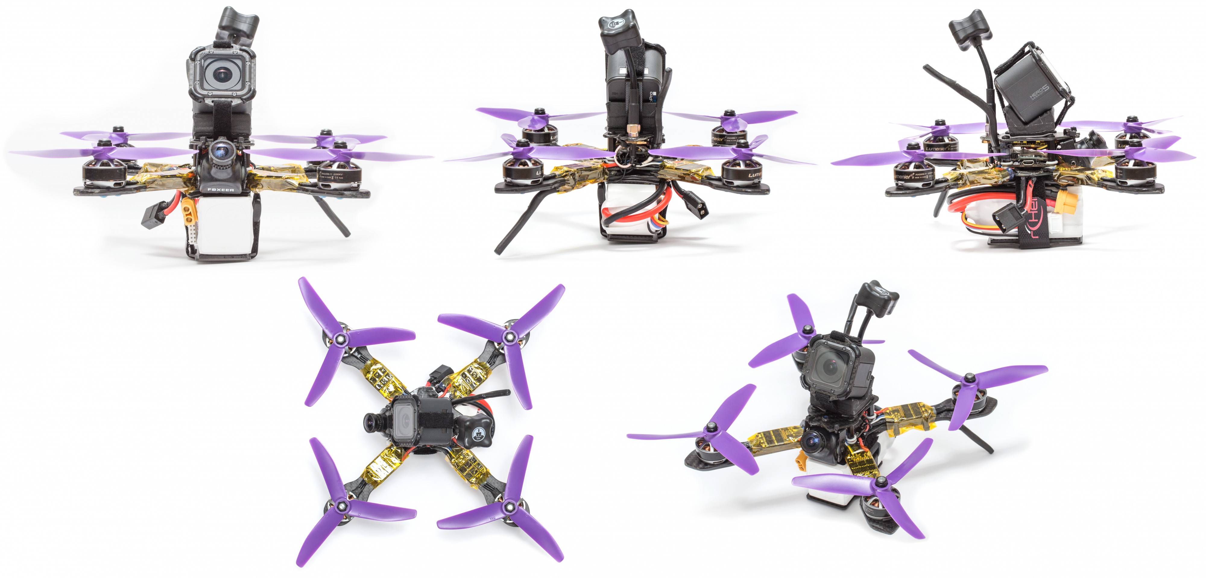 Xlabs Shrike-200 V2 5″ FPV quad with components collage