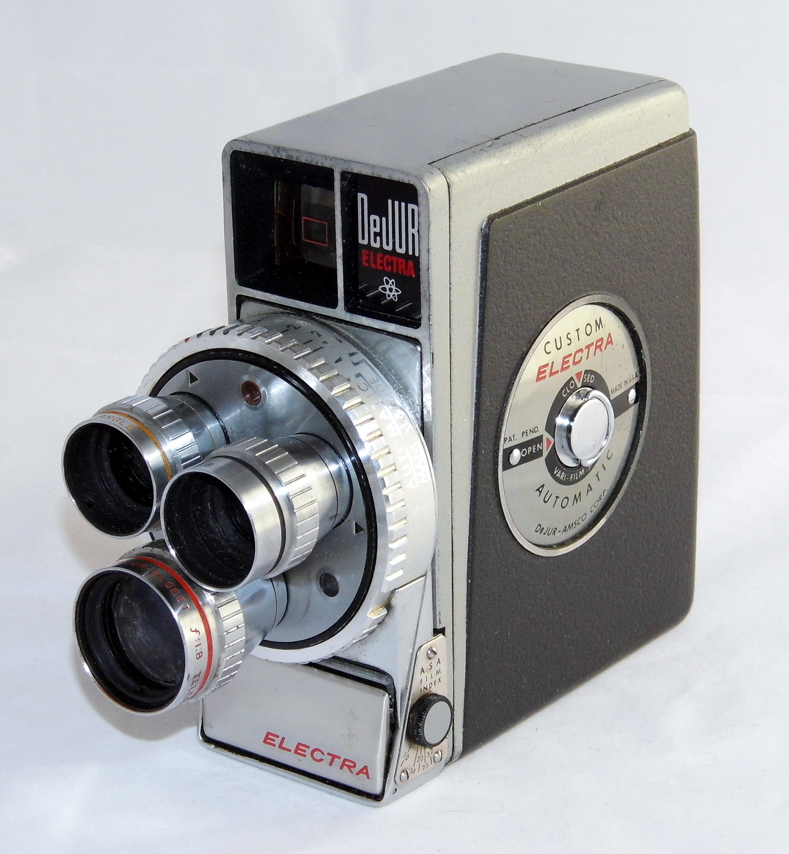 Vintage DeJUR Electra 8mm Movie Camera, Fully Automatic With Three Lens Turret System For Normal, Wide Angle & Telephoto Shots, Electric Eye With Protective Lid, Circa 1958 (17685514914)