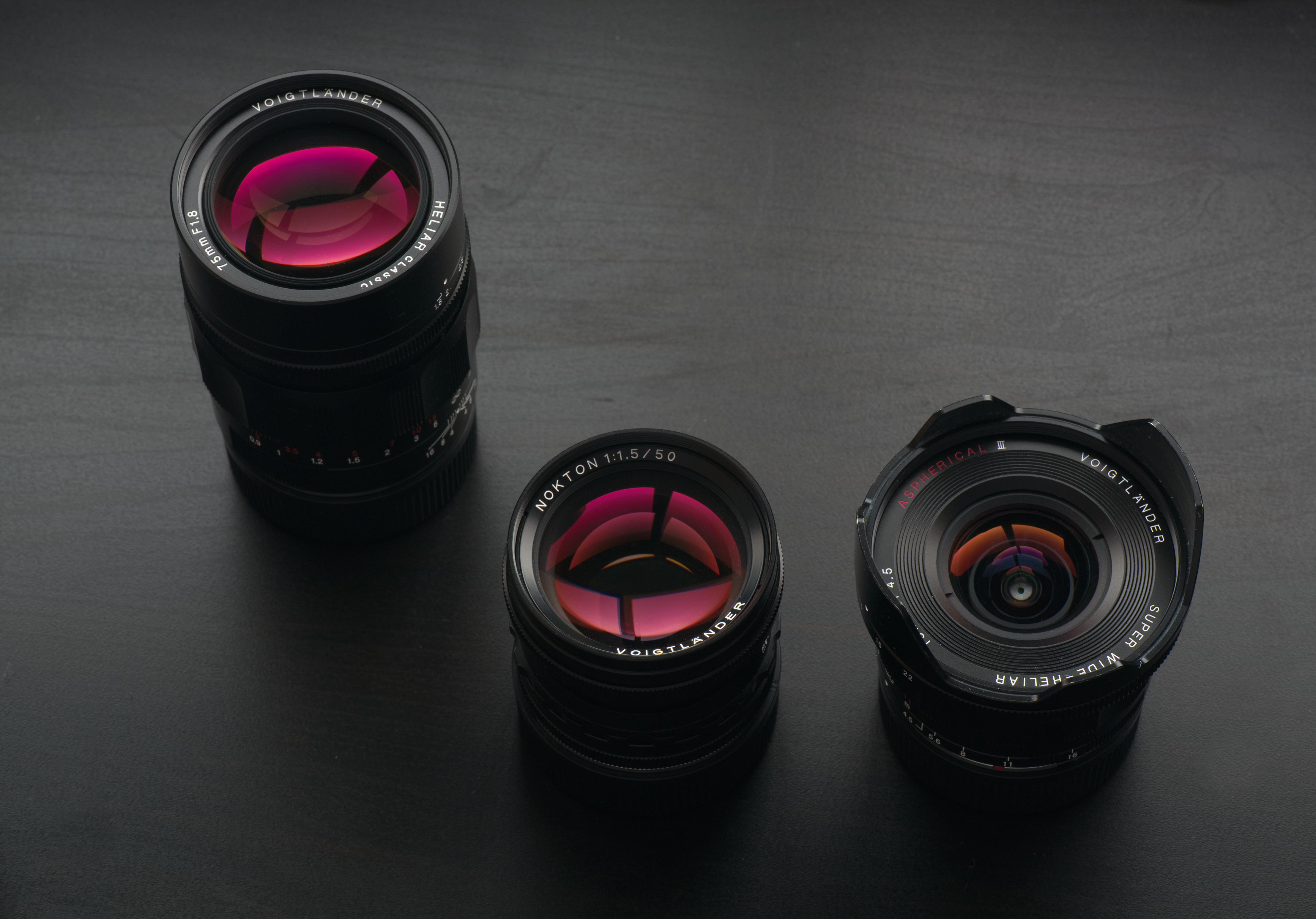 Voigtlander lenses 75mm, 50mm, and 15mm