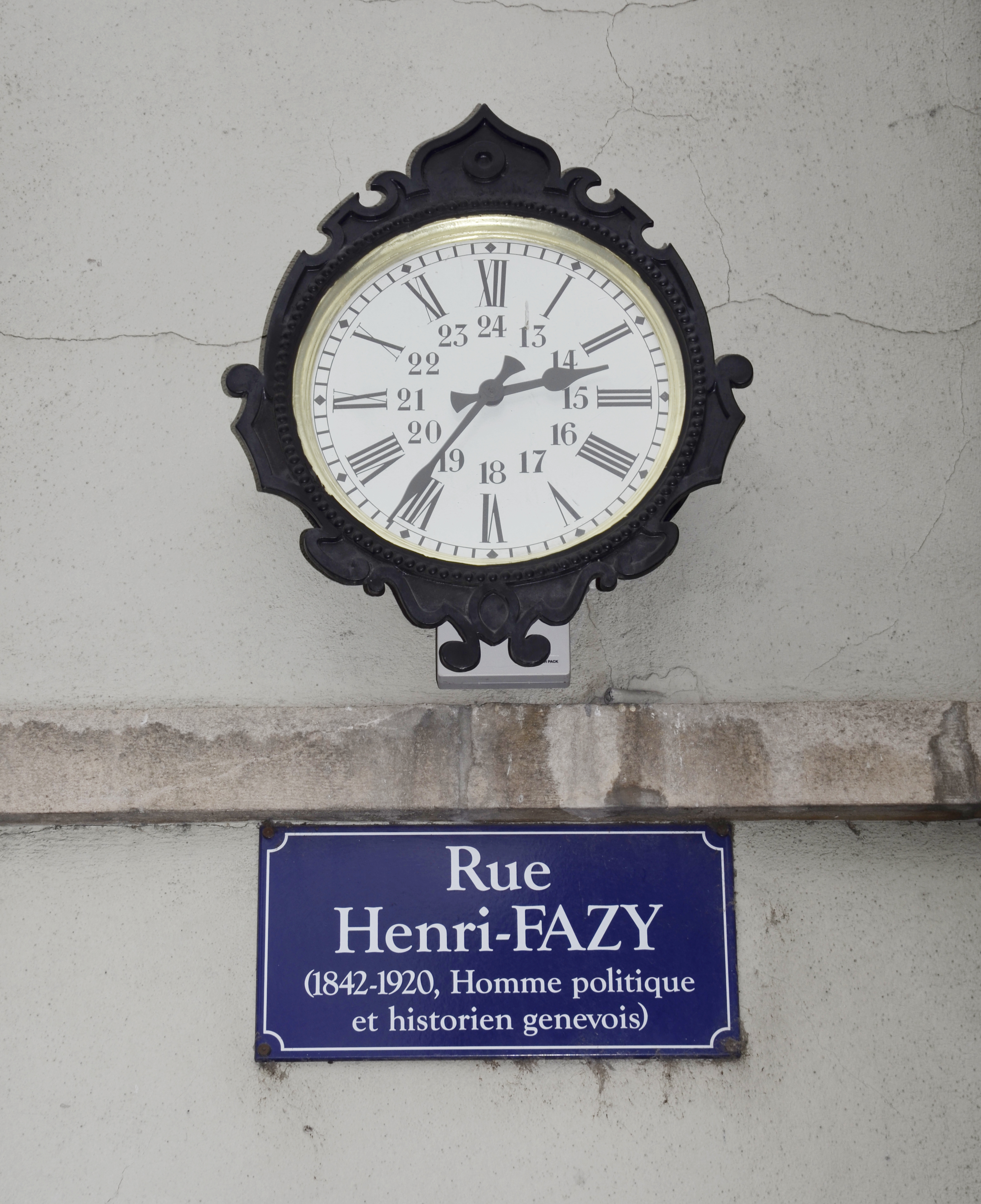 Rue Henri-Fazy, plaque et horloge, Genève