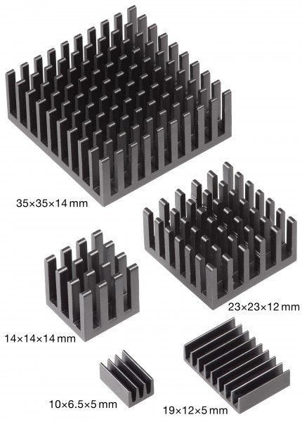 Black anodised aluminium heatsinks 6.5–35 mm width with dimensions