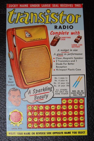 Vintage 1960s Punch Card with a 2-Transistor Radio as the Prize (8530209482)