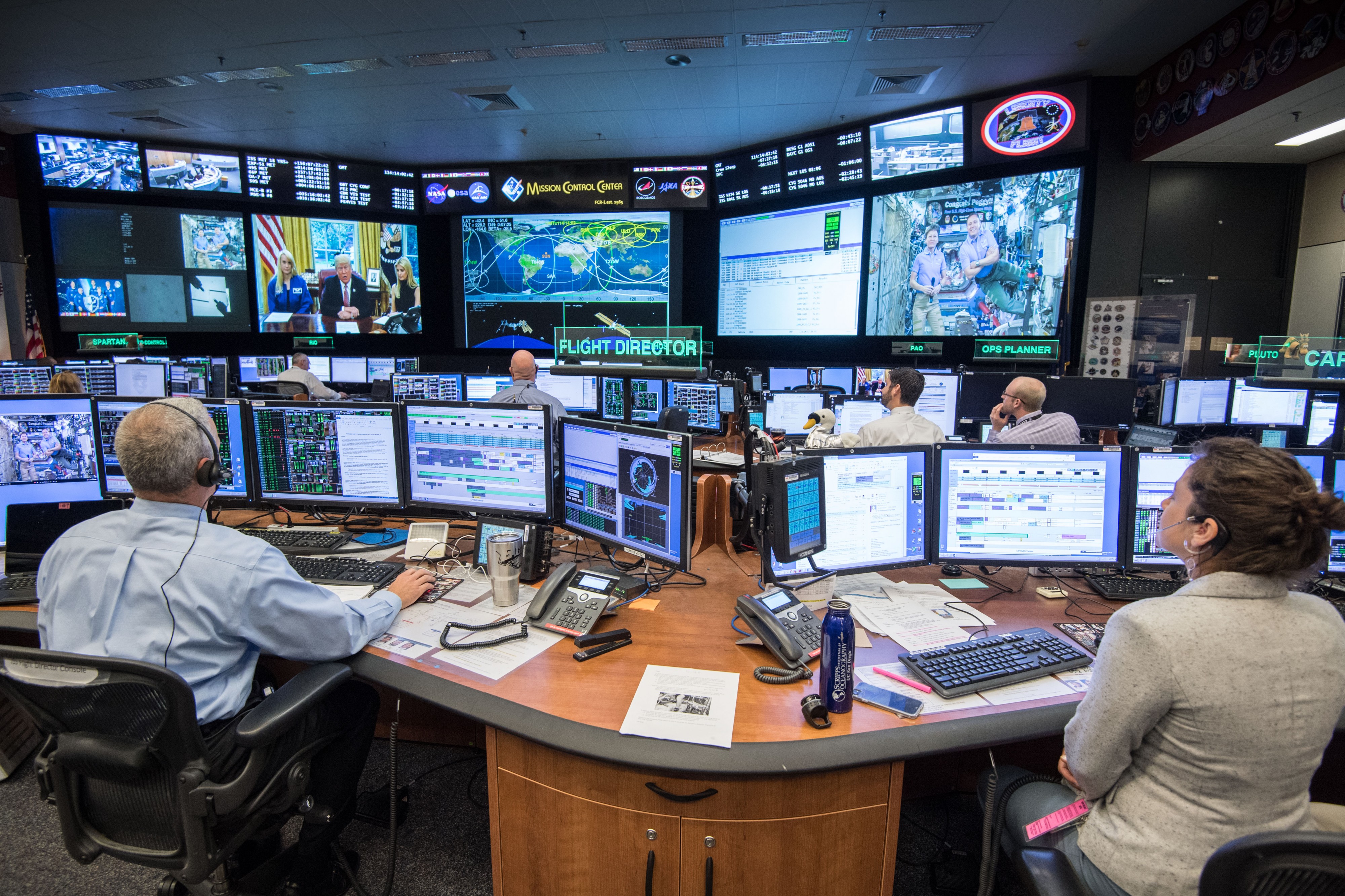 Earth-to-space call from the Oval Office seen at Mission Control