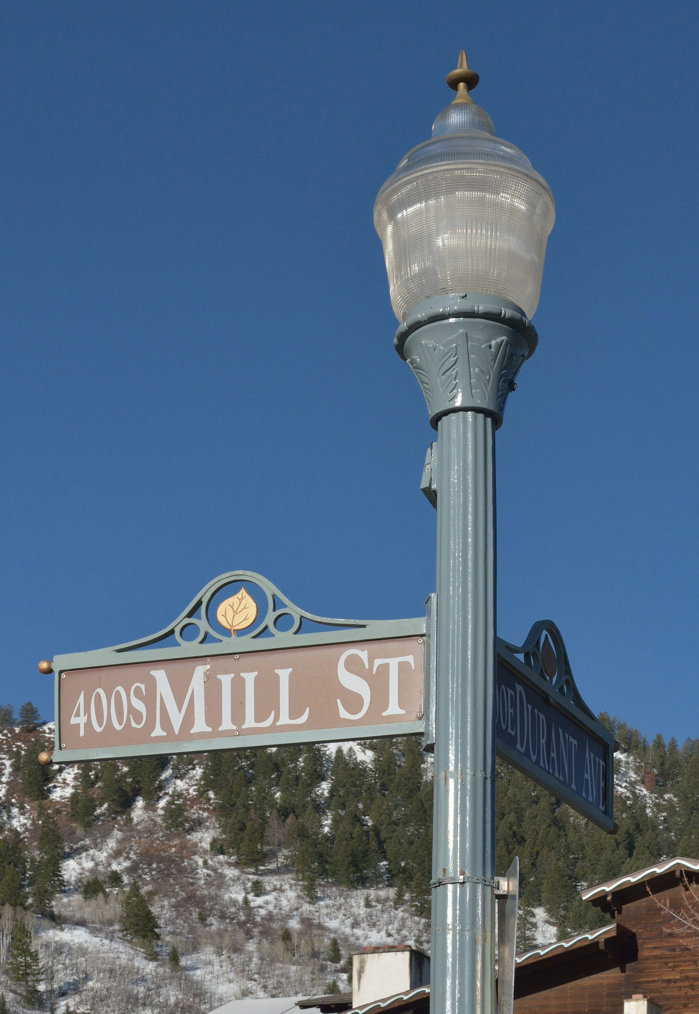 Street lamp and street sign Aspen Mill Street Durant Av
