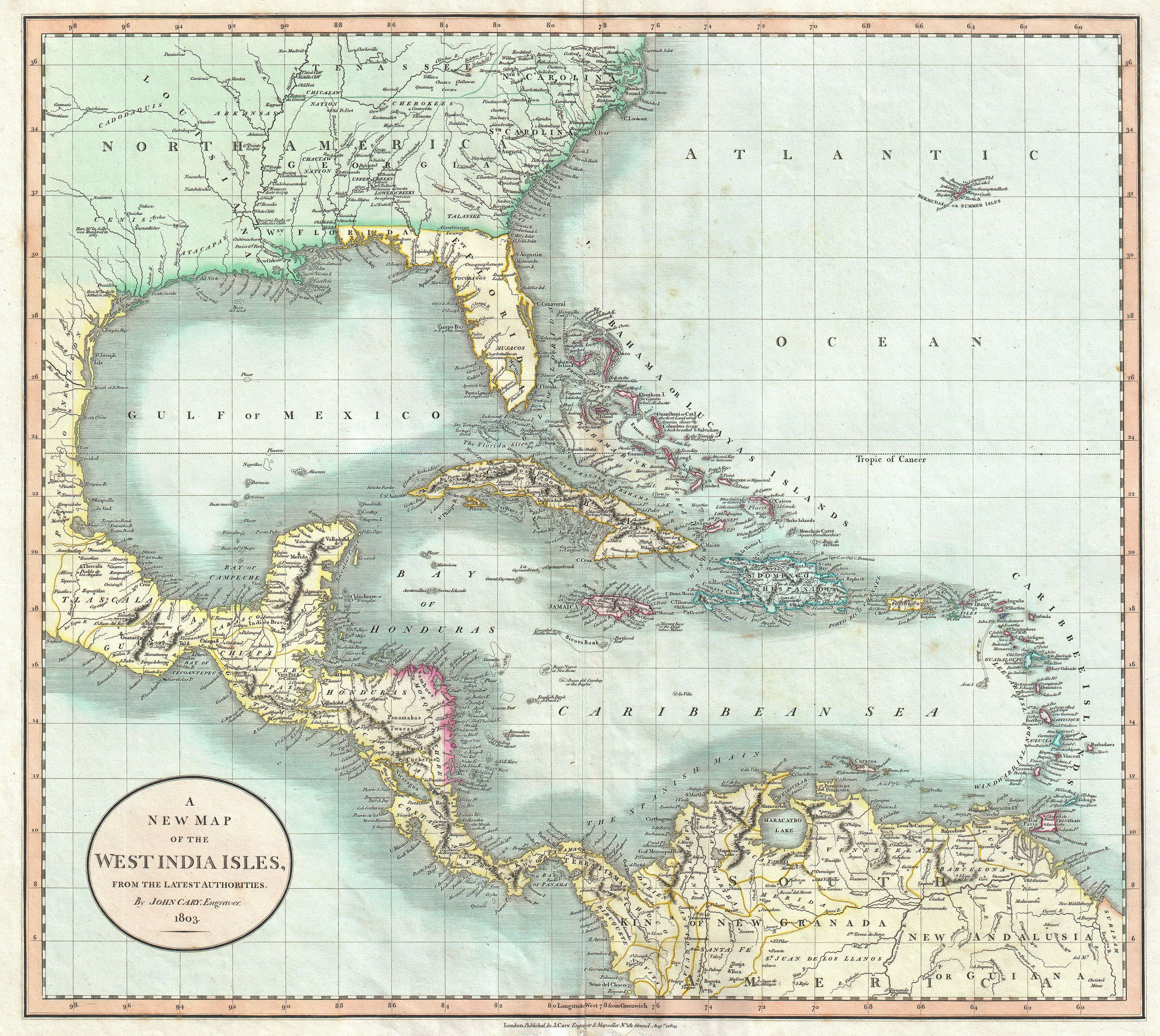 1803 Cary Map of Florida, Central America, the Bahamas, and the West Indies - Geographicus - WestIndies-cary-1803
