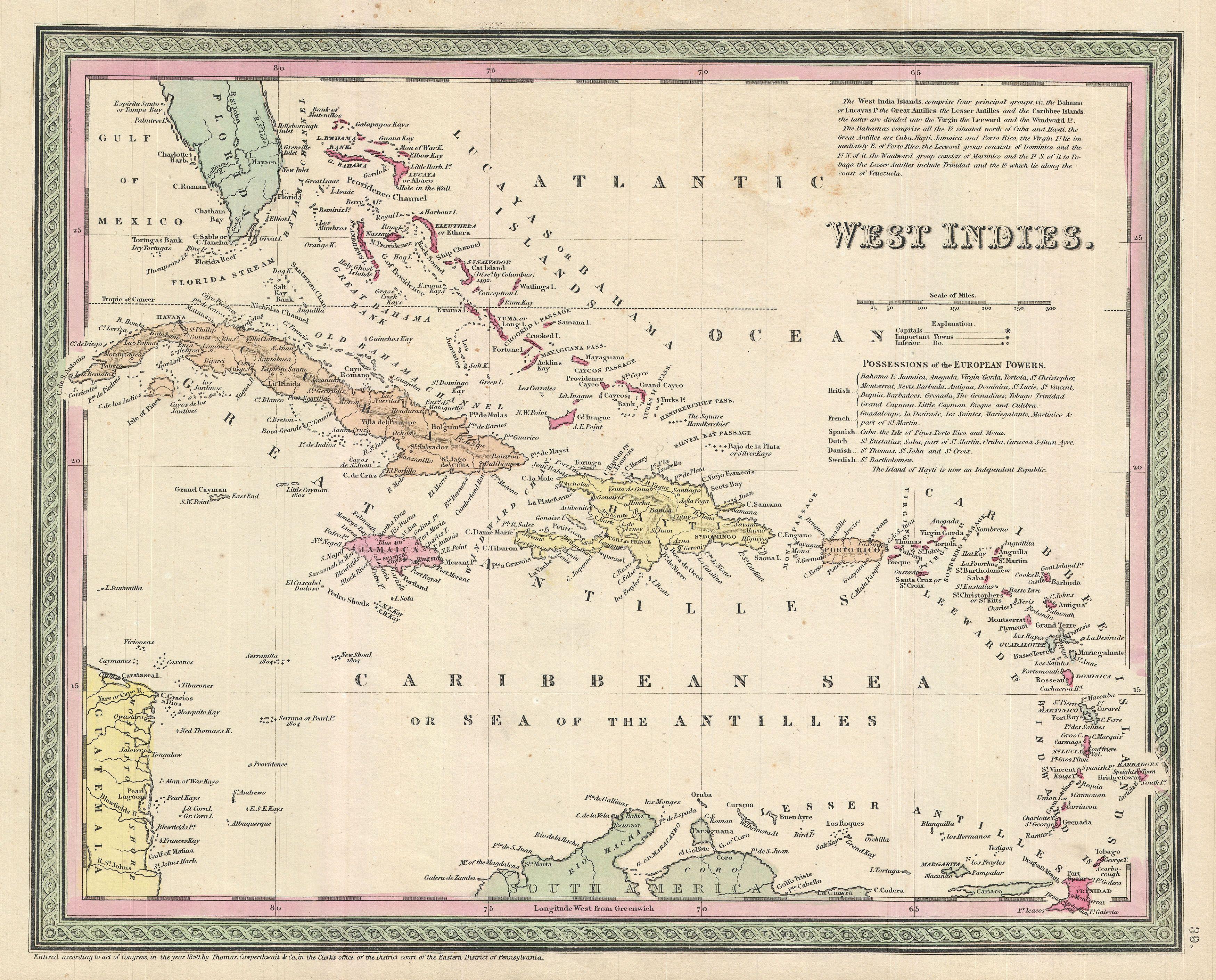 1850 Cowperthwait Map of Cuba and West Indies - Geographicus - WestIndies-m-1850