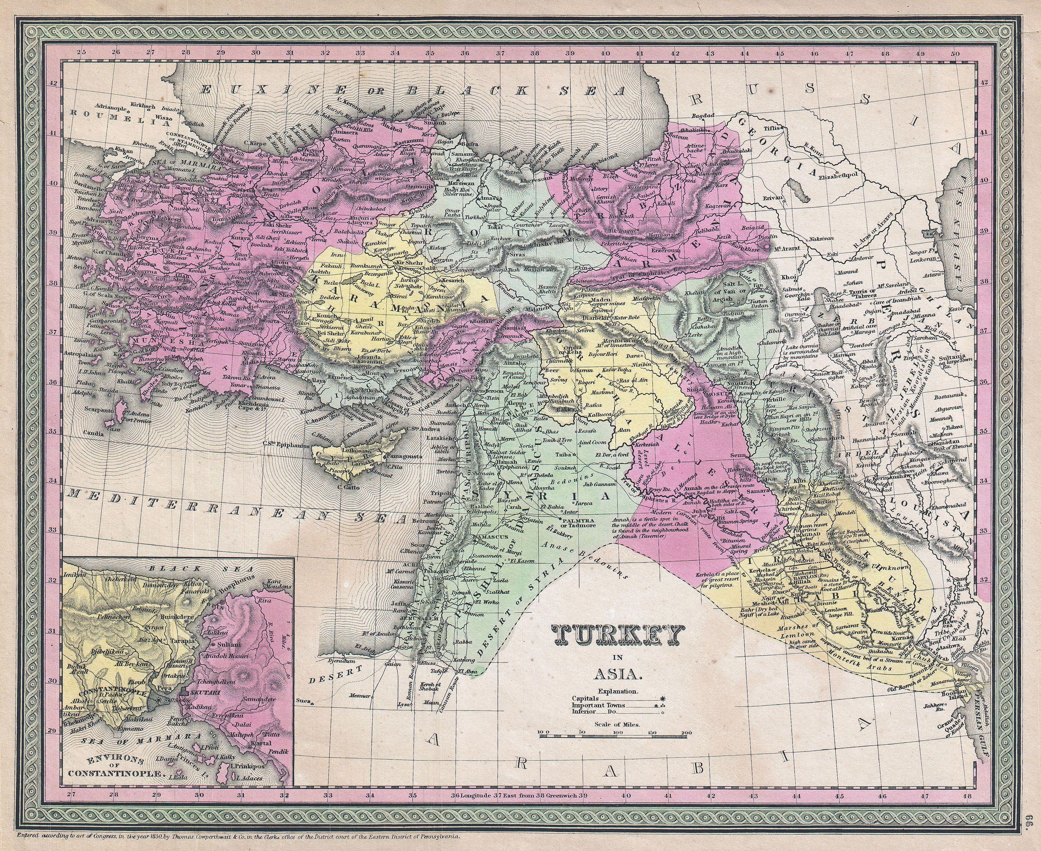 1853 Mitchell Map of Turkey in Asia ( Palestine, Syria, Iraq, Turkey ) - Geographicus - TurkeyAsia-mitchell-1850