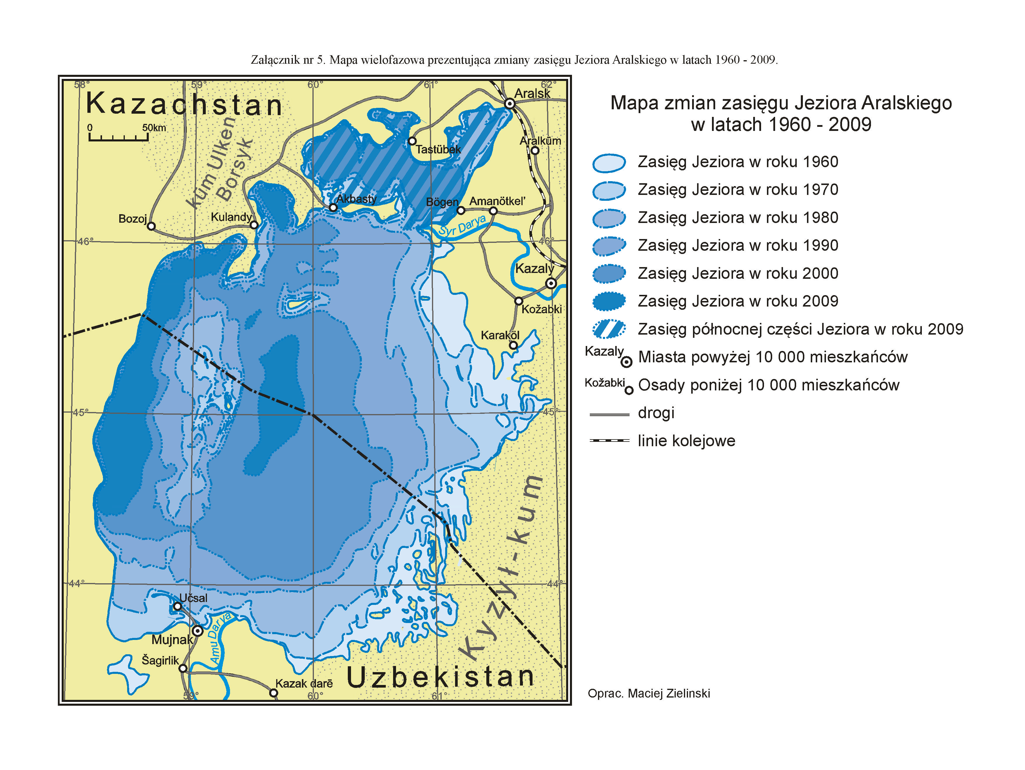 Mapa wielofazowa prezentująca zmiany zasięgu Jeziora Aralskiego w latach 1960 - 2009.